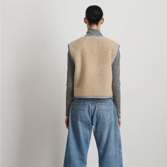 B SIDES Reversible Reworked Vintage Denim and Sherpa Vest Oatmeal XS/S $445 - Picture 3 of 8